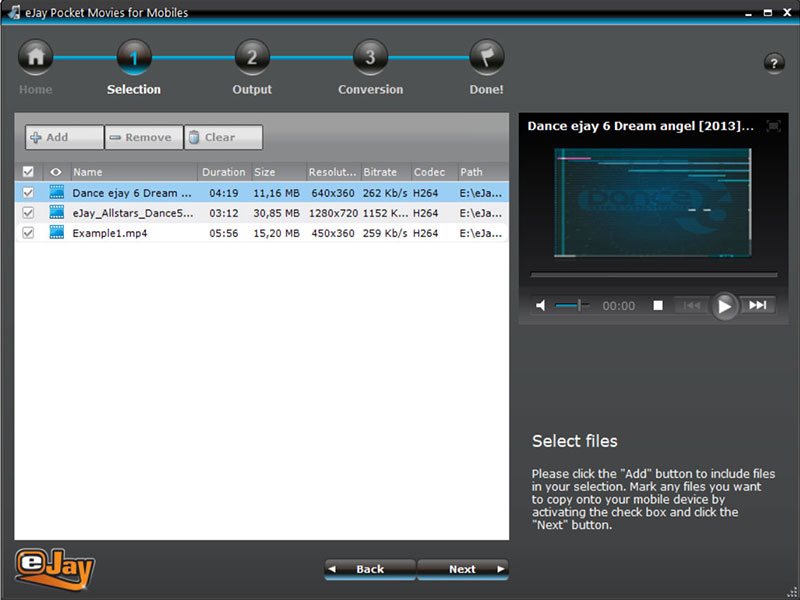 eJay Movies for Mobile Phones Selection Window