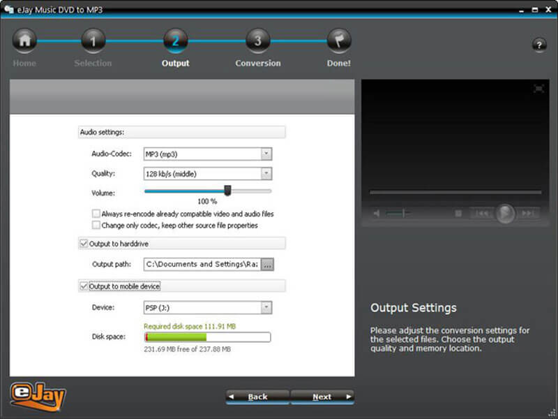 eJay Music DVD to MP3 Output Window