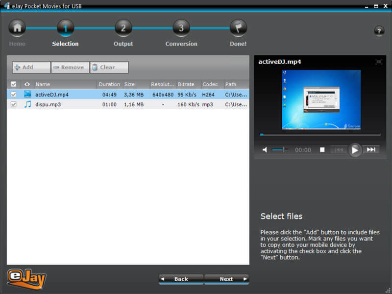 eJay Pocket Movies for USB Selection Window