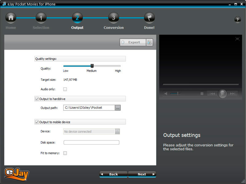 eJay Pocket Movies for iPhone Output Window