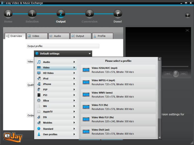 eJay Video and Music Exchange output setttings
